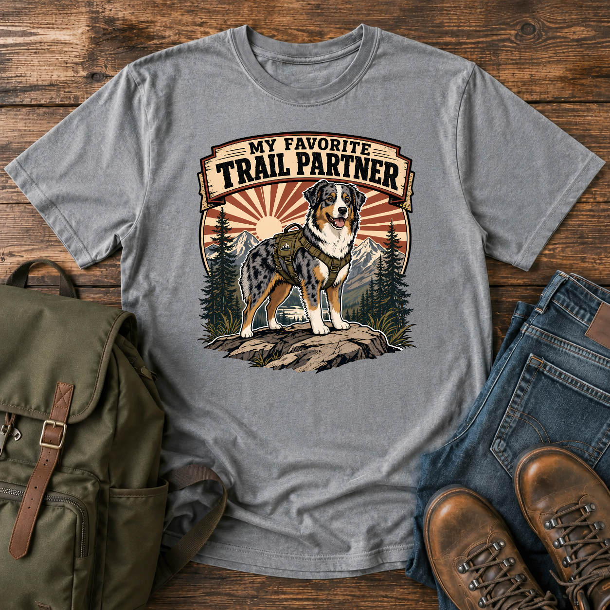 Retro Australian Shepherd hiking harness rocky overlook sunburst trail partner t-shirt design
