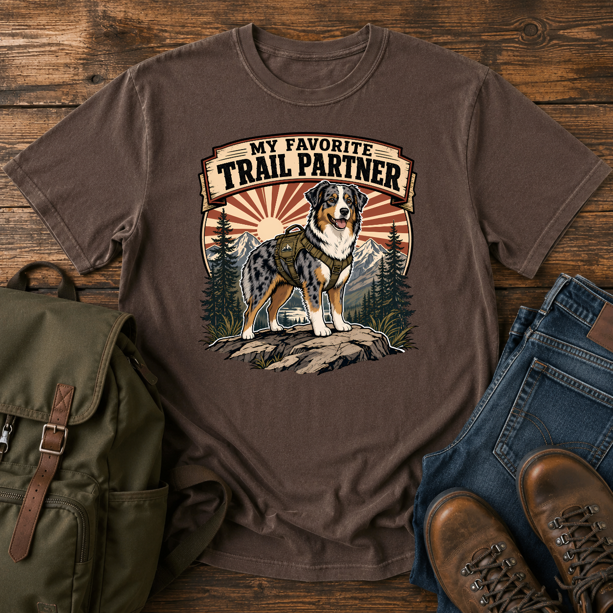 Retro Australian Shepherd hiking harness rocky overlook sunburst trail partner t-shirt design