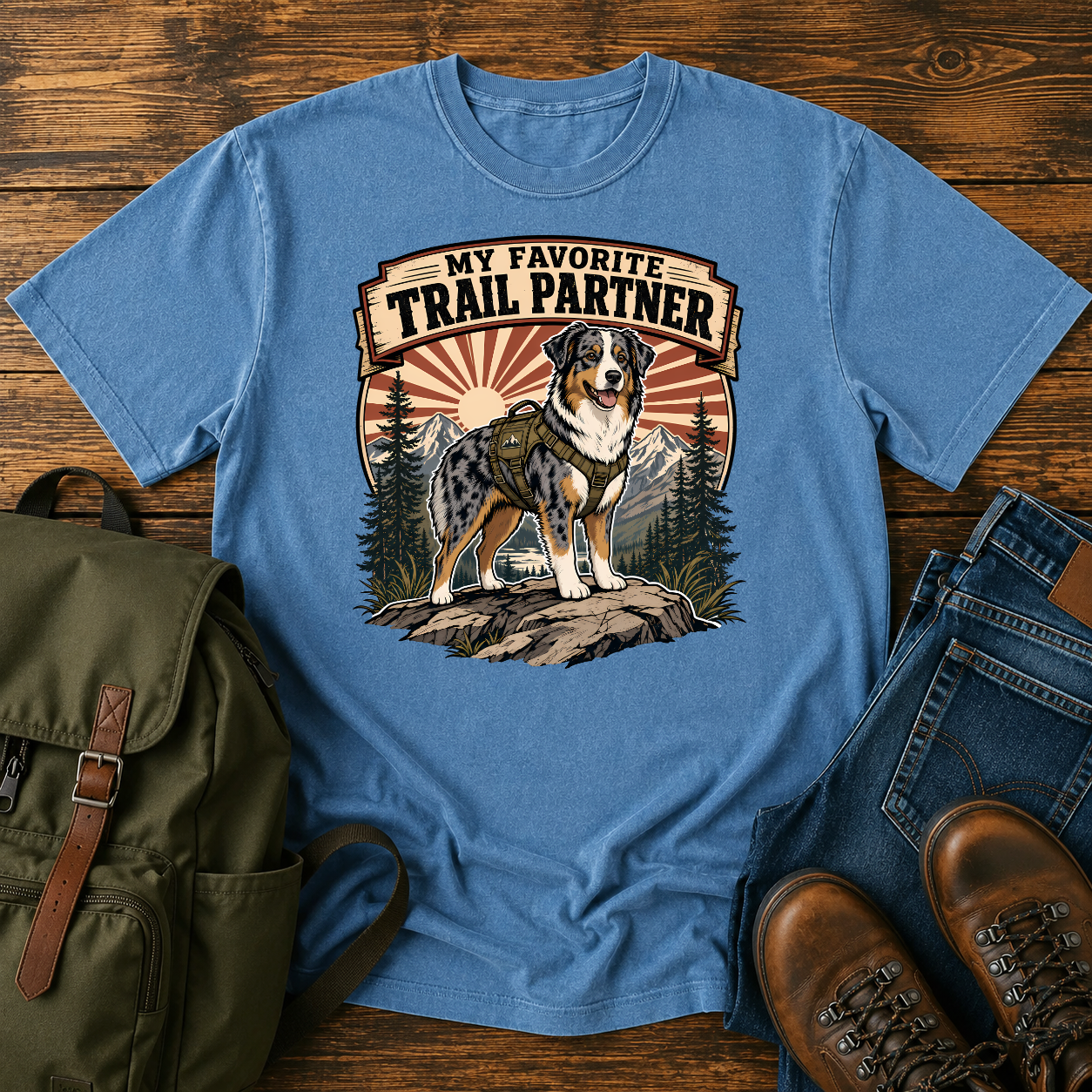 Retro Australian Shepherd hiking harness rocky overlook sunburst trail partner t-shirt design