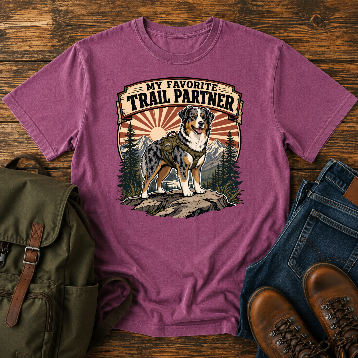 Retro Australian Shepherd hiking harness rocky overlook sunburst trail partner t-shirt design