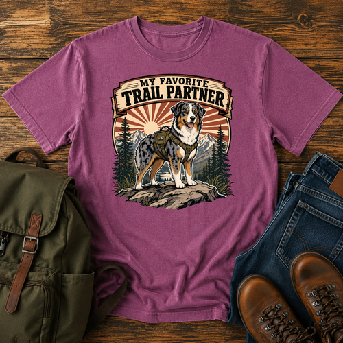 Retro Australian Shepherd hiking harness rocky overlook sunburst trail partner t-shirt design