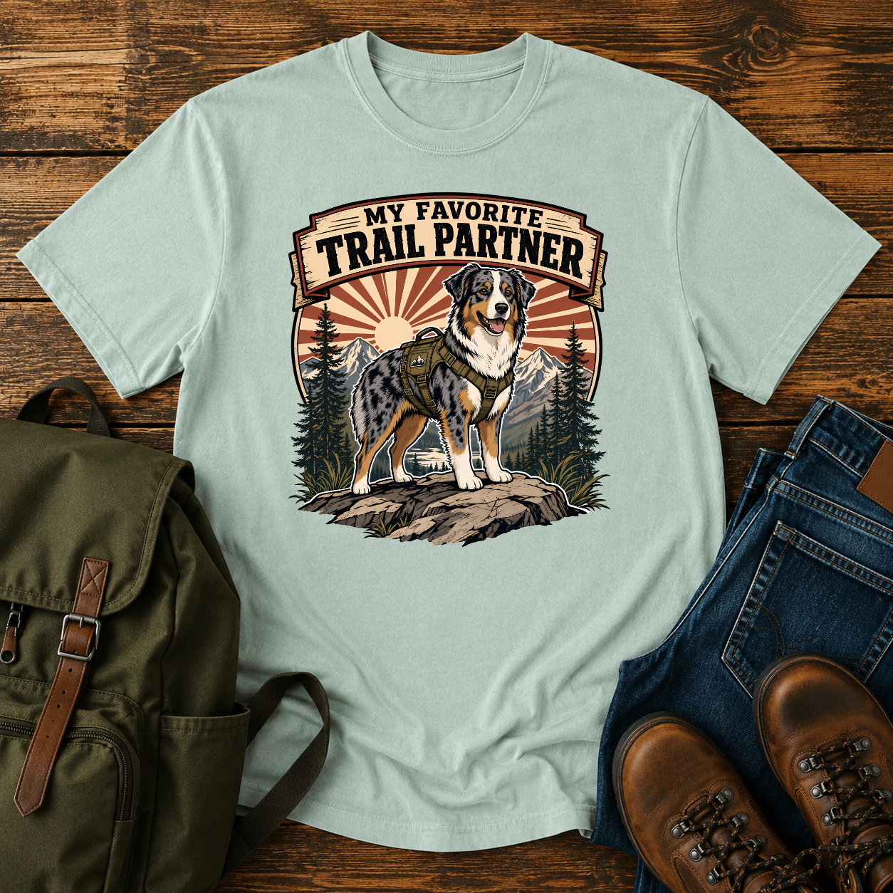 Retro Australian Shepherd hiking harness rocky overlook sunburst trail partner t-shirt design