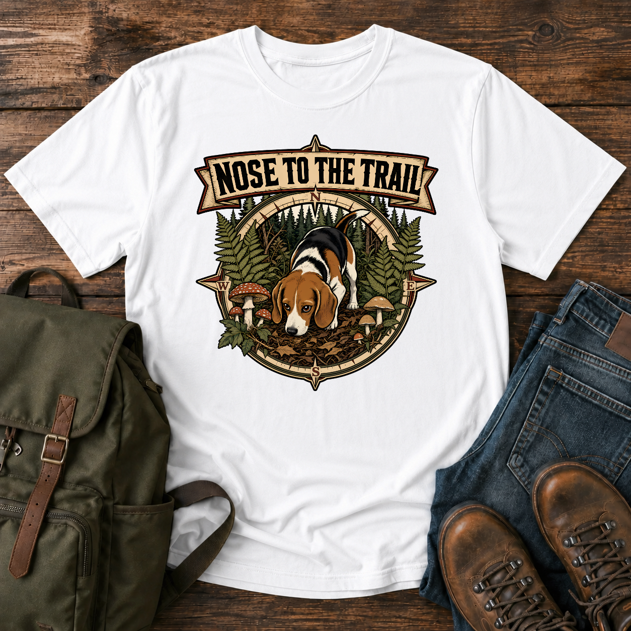 Classic Americana Beagle nose-down forest floor ferns vintage compass woods tracker t-shirt design
