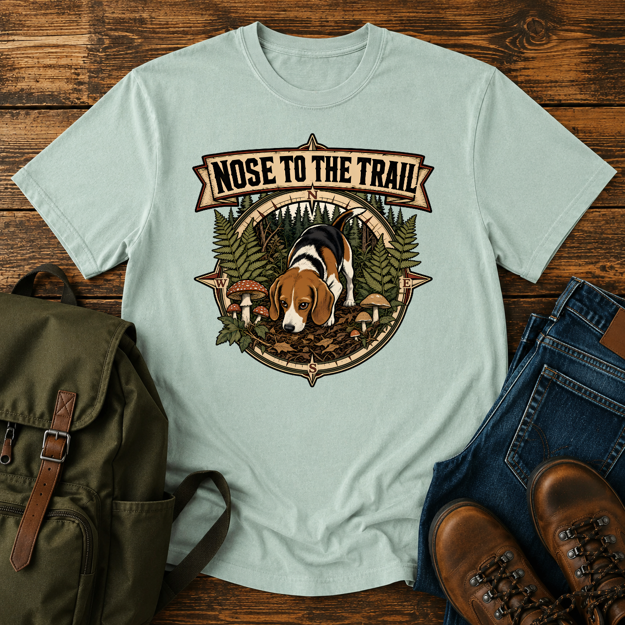 Classic Americana Beagle nose-down forest floor ferns vintage compass woods tracker t-shirt design