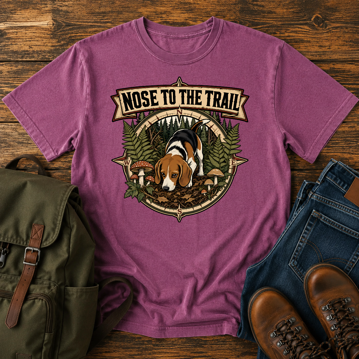 Classic Americana Beagle nose-down forest floor ferns vintage compass woods tracker t-shirt design