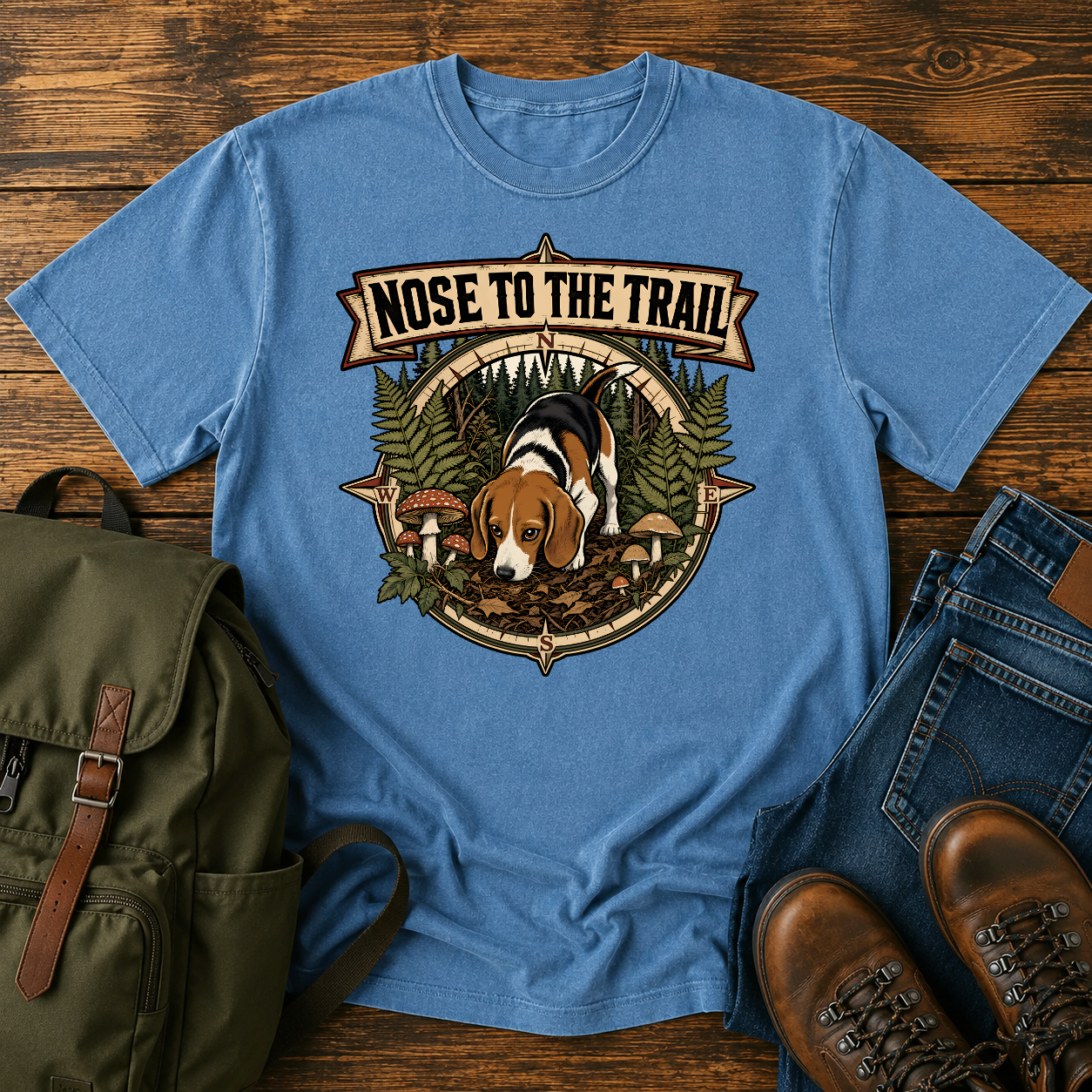 Classic Americana Beagle nose-down forest floor ferns vintage compass woods tracker t-shirt design