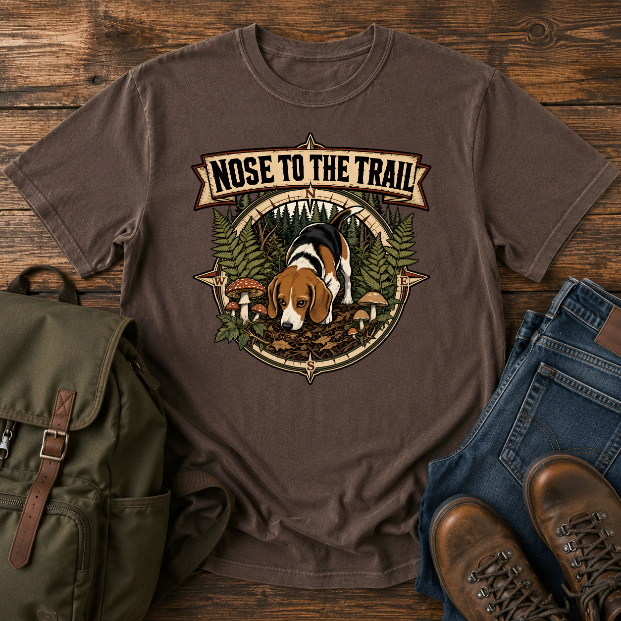 Classic Americana Beagle nose-down forest floor ferns vintage compass woods tracker t-shirt design