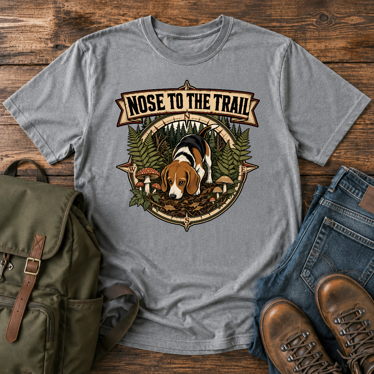 Classic Americana Beagle nose-down forest floor ferns vintage compass woods tracker t-shirt design