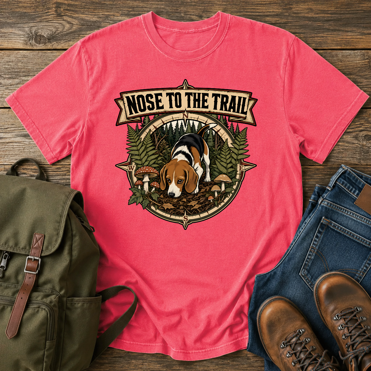 Classic Americana Beagle nose-down forest floor ferns vintage compass woods tracker t-shirt design