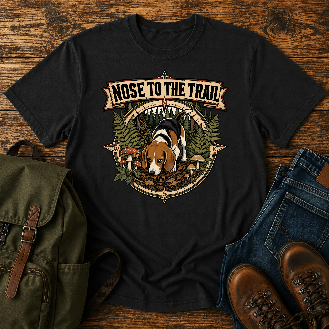 Classic Americana Beagle nose-down forest floor ferns vintage compass woods tracker t-shirt design
