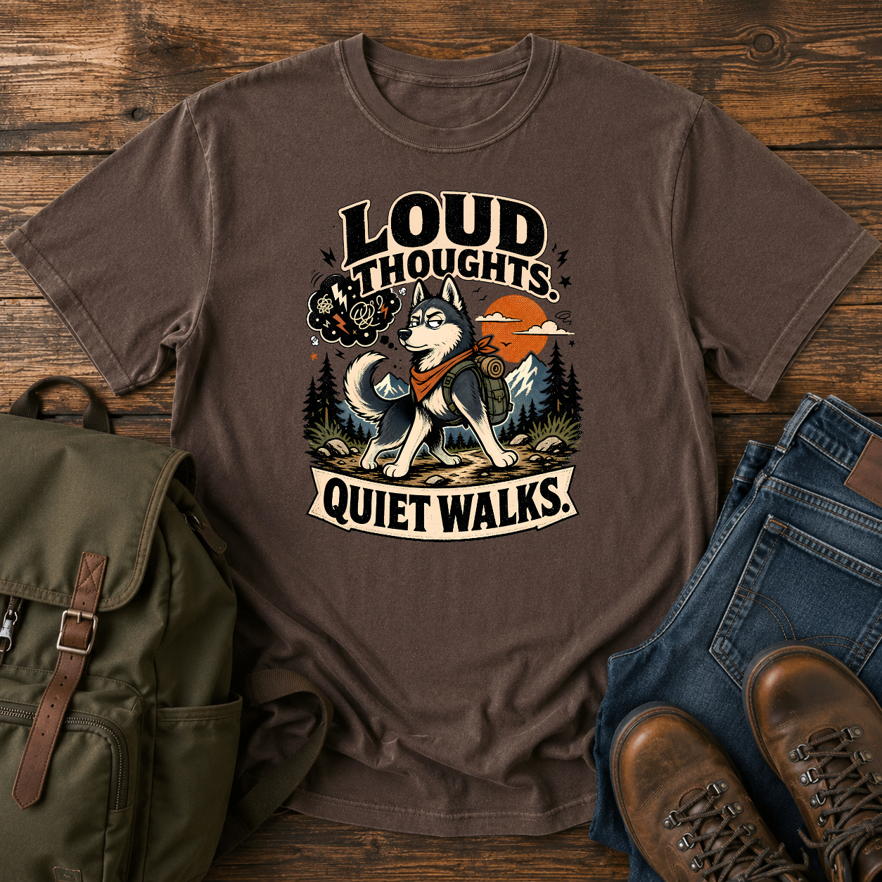 Retro badge Siberian Husky technical pack red bandana mountain trail thought bubble chaos t-shirt design