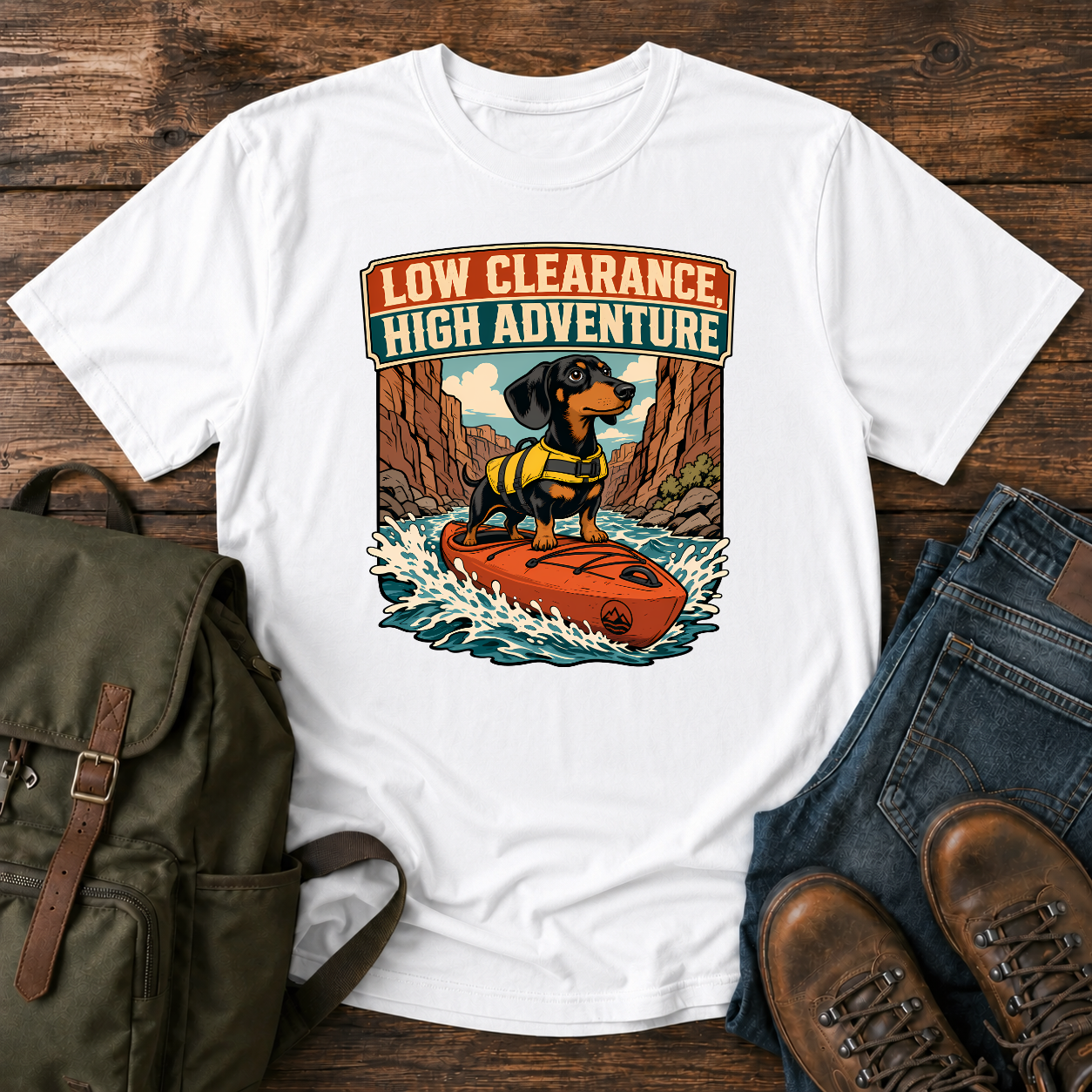 Retro Dachshund yellow life jacket kayak river canyon low clearance high adventure t-shirt design