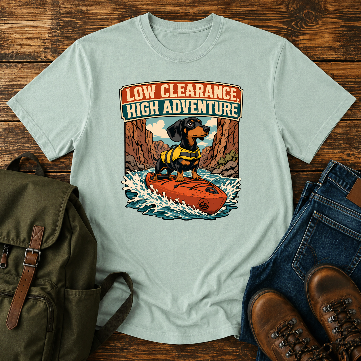 Retro Dachshund yellow life jacket kayak river canyon low clearance high adventure t-shirt design