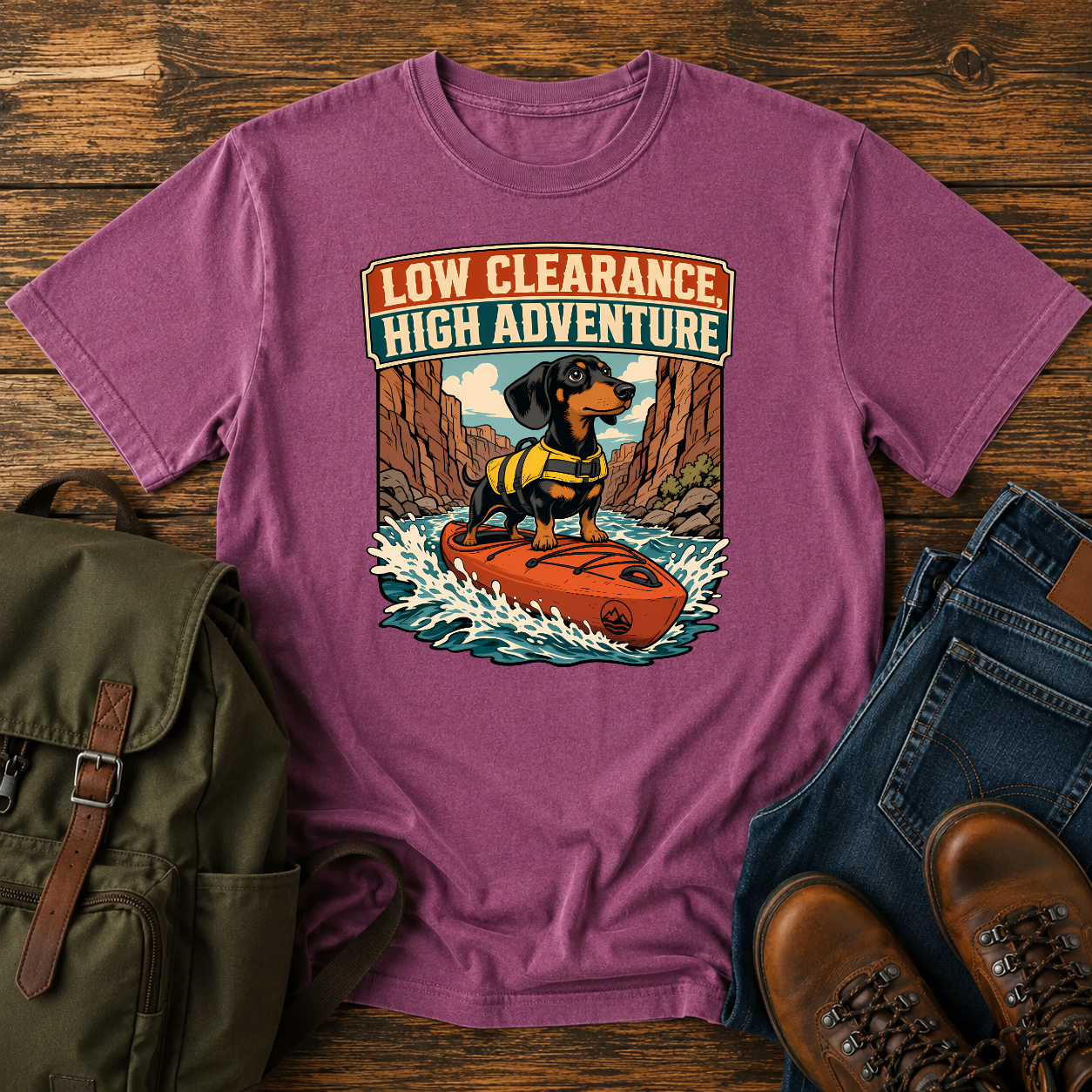 Retro Dachshund yellow life jacket kayak river canyon low clearance high adventure t-shirt design