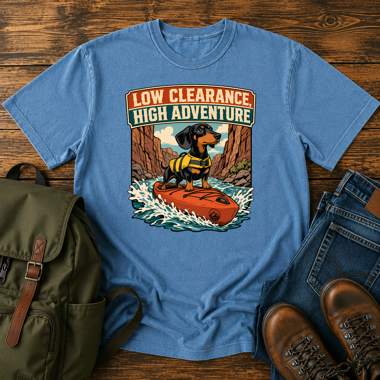 Retro Dachshund yellow life jacket kayak river canyon low clearance high adventure t-shirt design