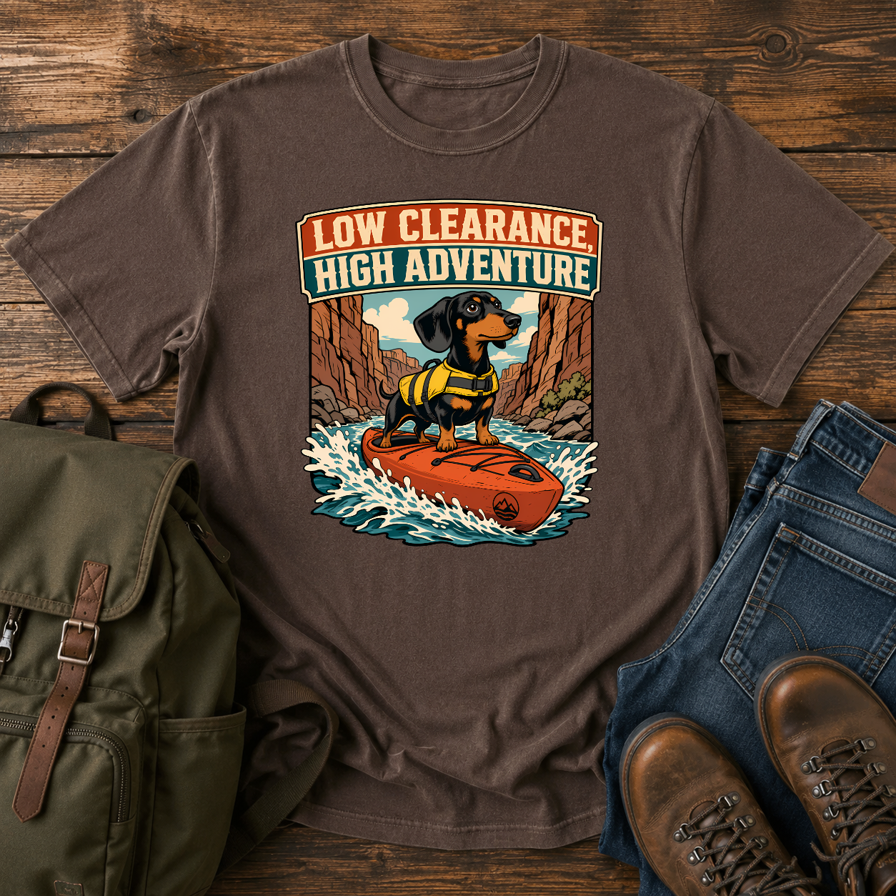 Retro Dachshund yellow life jacket kayak river canyon low clearance high adventure t-shirt design