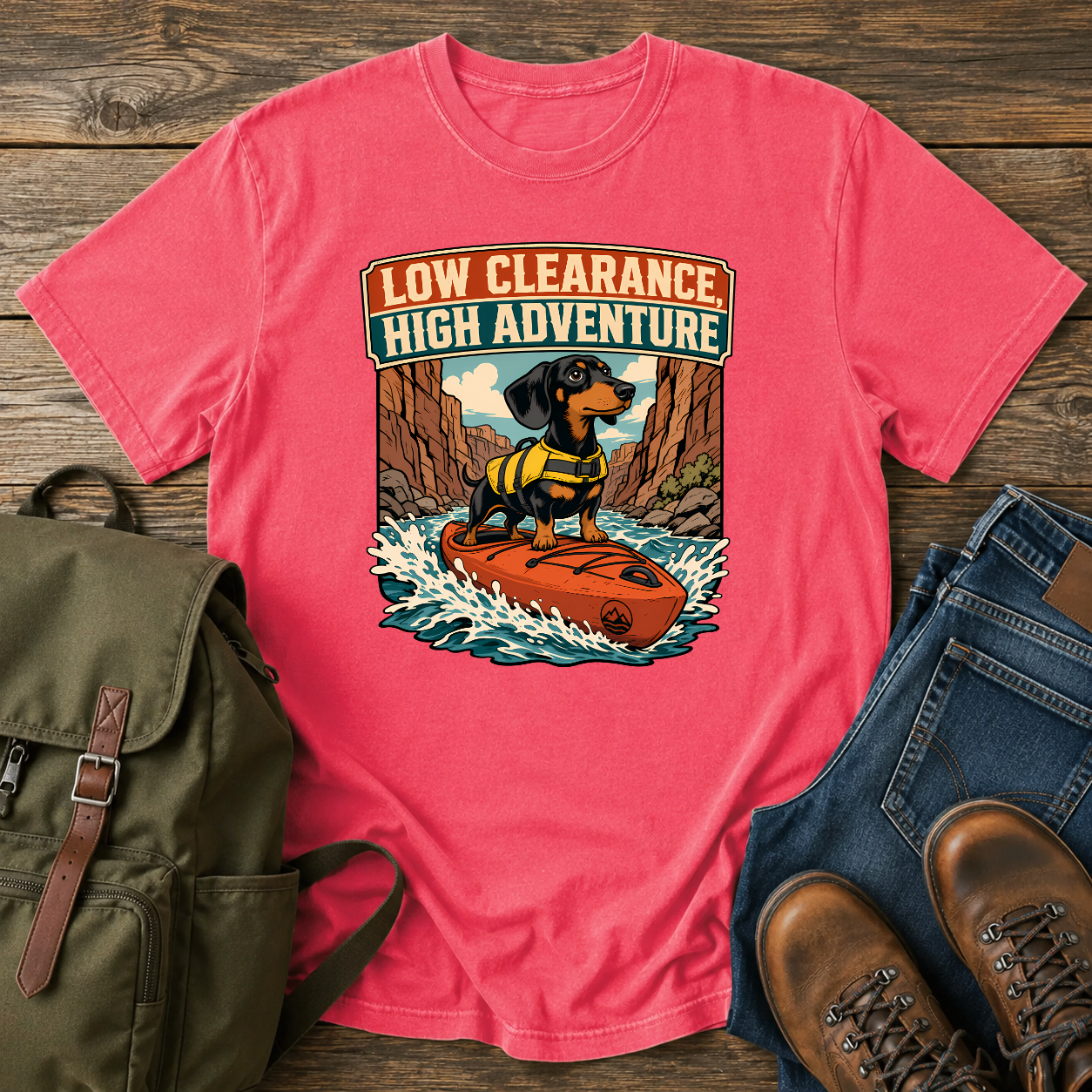 Retro Dachshund yellow life jacket kayak river canyon low clearance high adventure t-shirt design