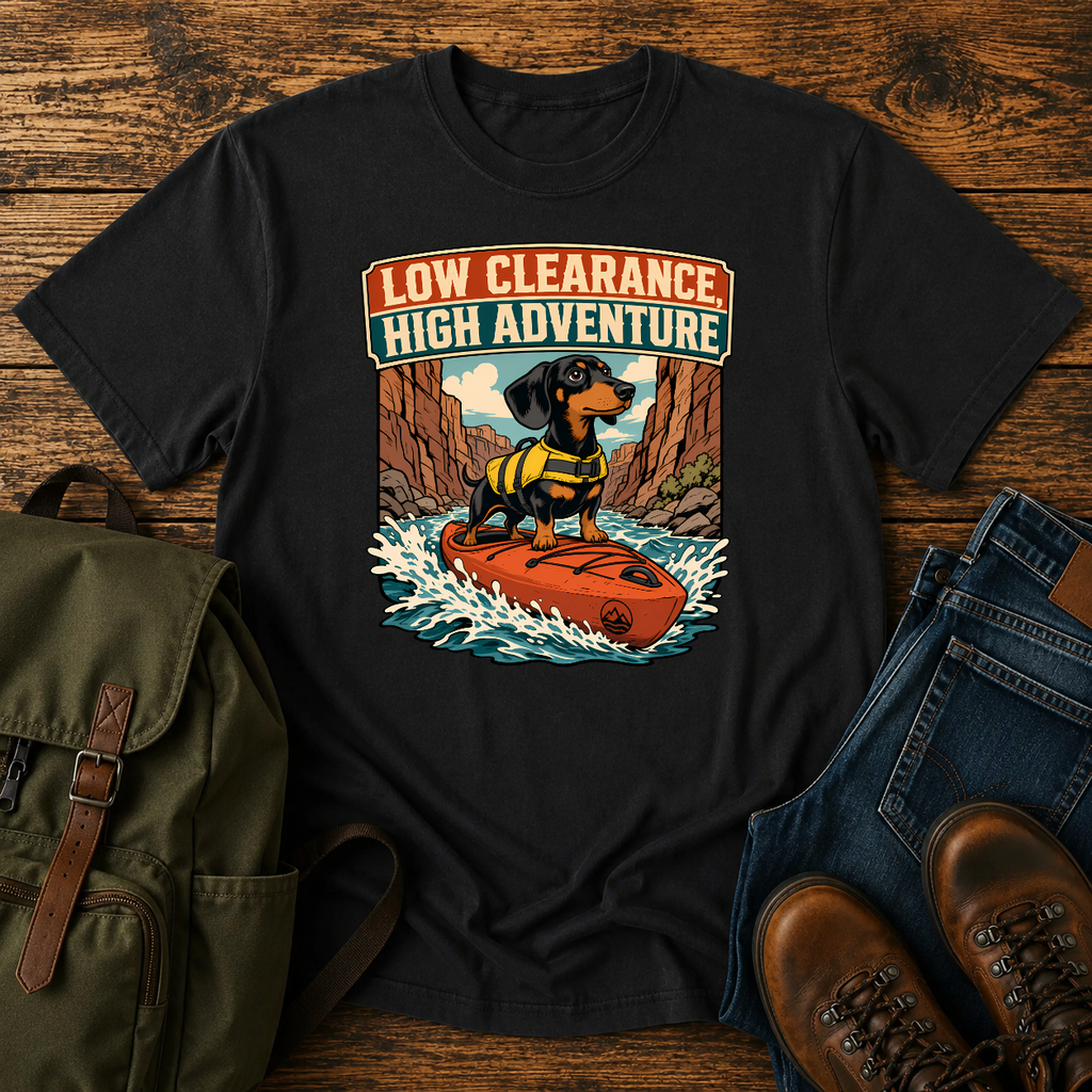 Dachshund wearing a tiny yellow life jacket, standing confidently on the front of t-shirt design