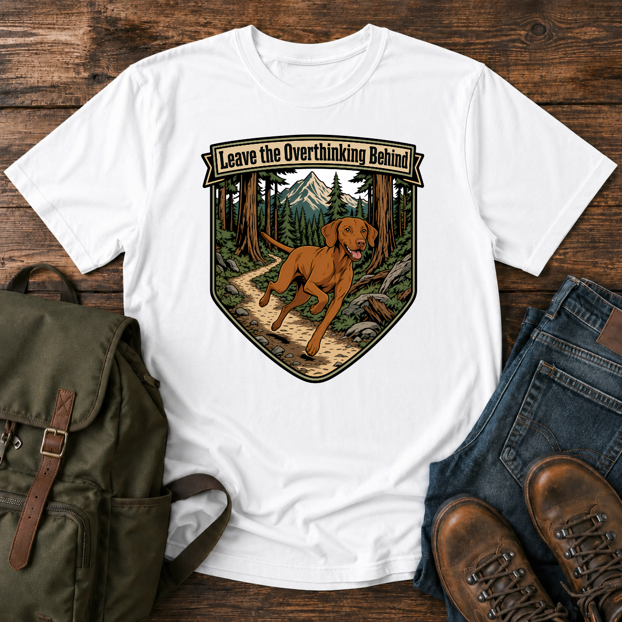 Retro badge Vizsla running singletrack winding pine forest trail overthinking adventure t-shirt design
