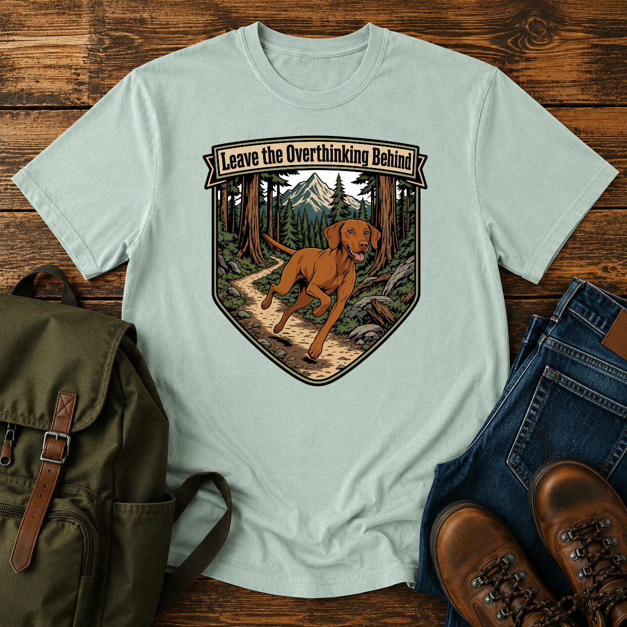 Retro badge Vizsla running singletrack winding pine forest trail overthinking adventure t-shirt design