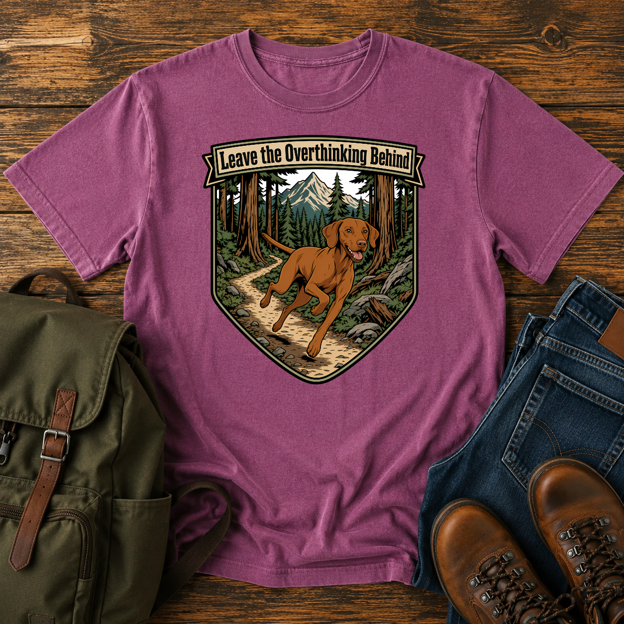 Retro badge Vizsla running singletrack winding pine forest trail overthinking adventure t-shirt design