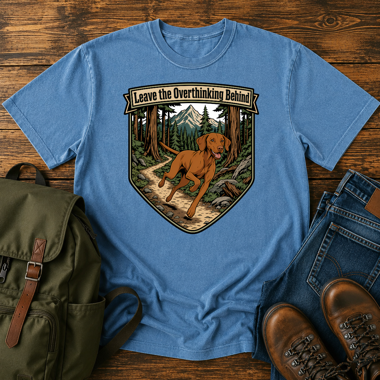 Retro badge Vizsla running singletrack winding pine forest trail overthinking adventure t-shirt design