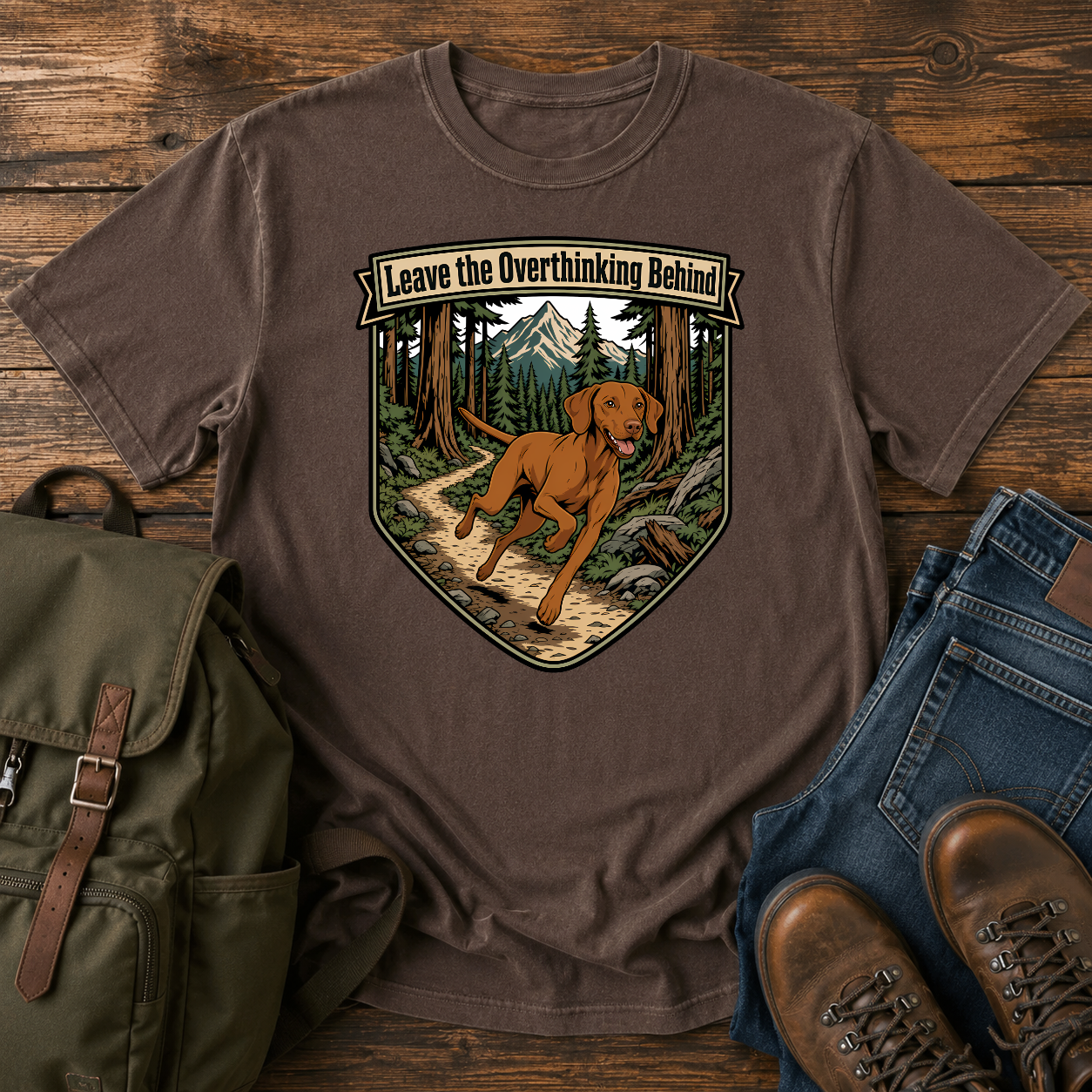 Retro badge Vizsla running singletrack winding pine forest trail overthinking adventure t-shirt design