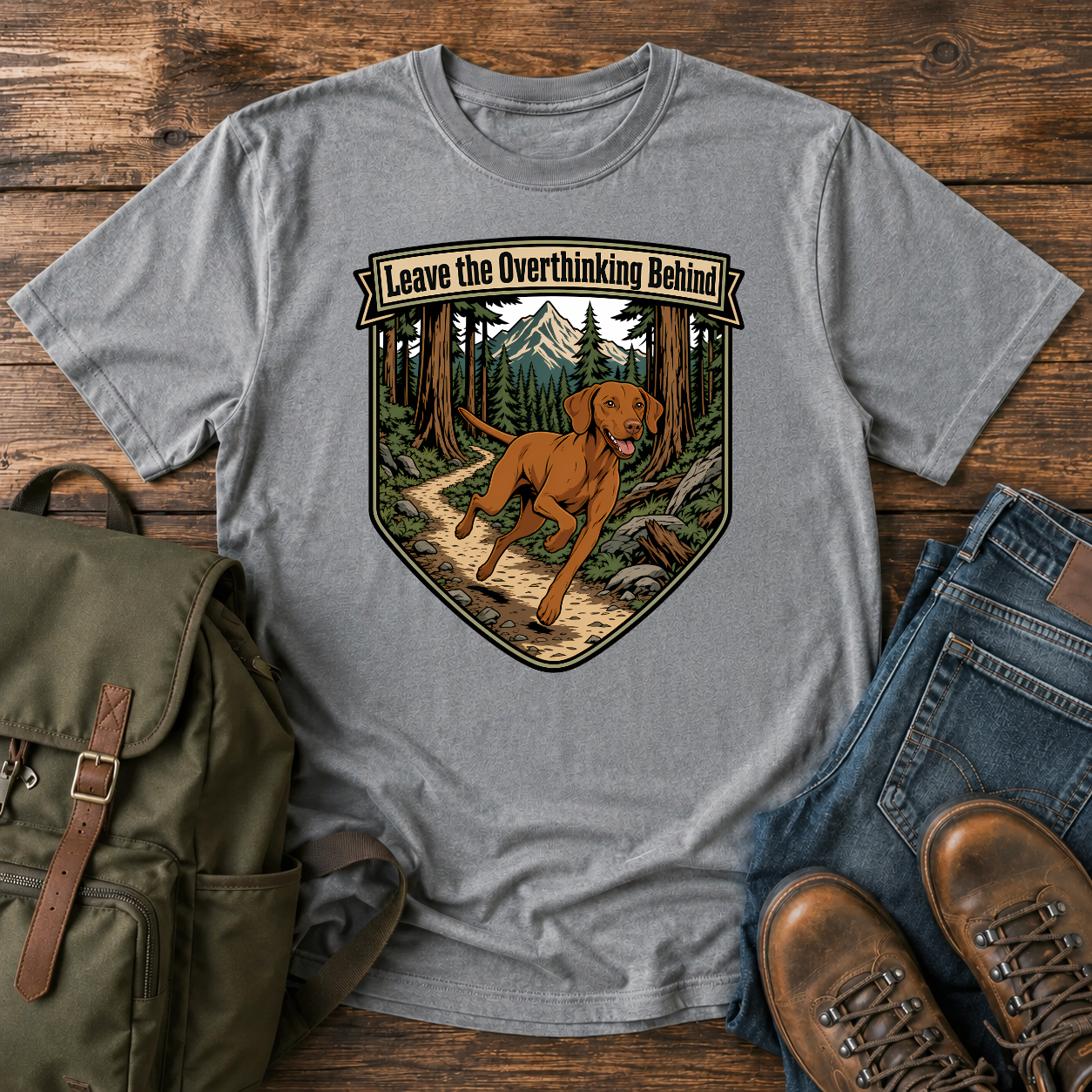 Retro badge Vizsla running singletrack winding pine forest trail overthinking adventure t-shirt design