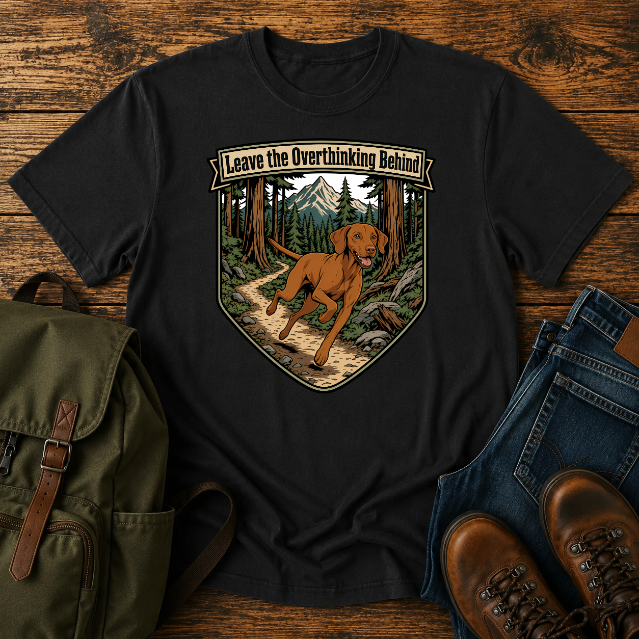 Retro badge Vizsla running singletrack winding pine forest trail overthinking adventure t-shirt design