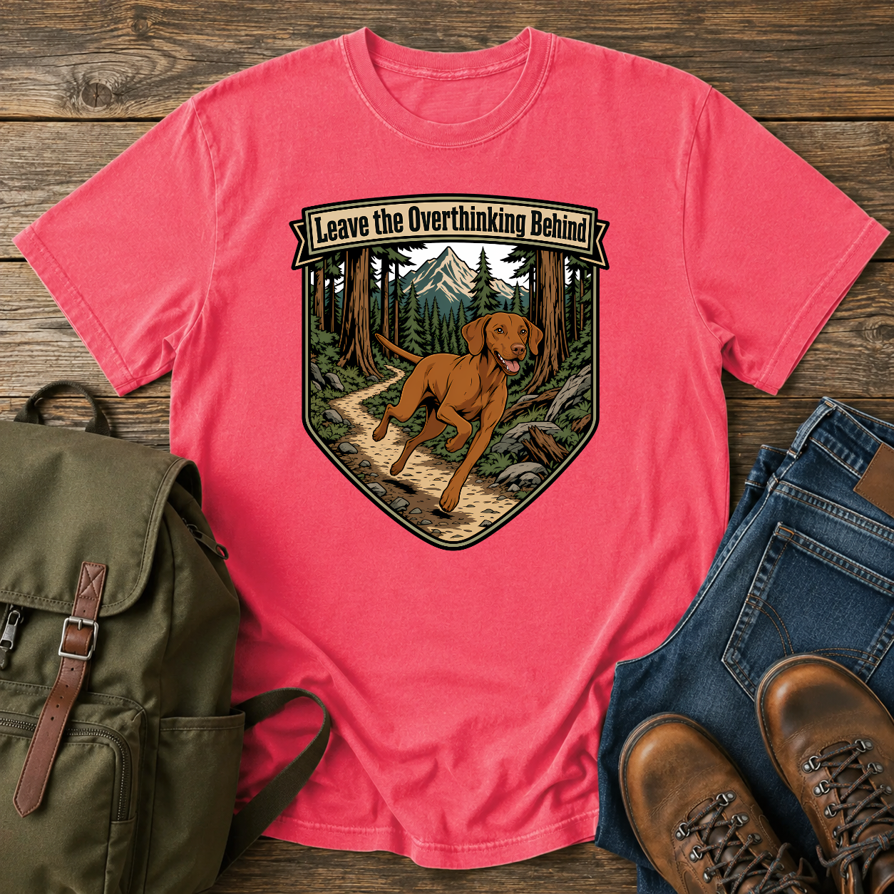 Retro badge Vizsla running singletrack winding pine forest trail overthinking adventure t-shirt design
