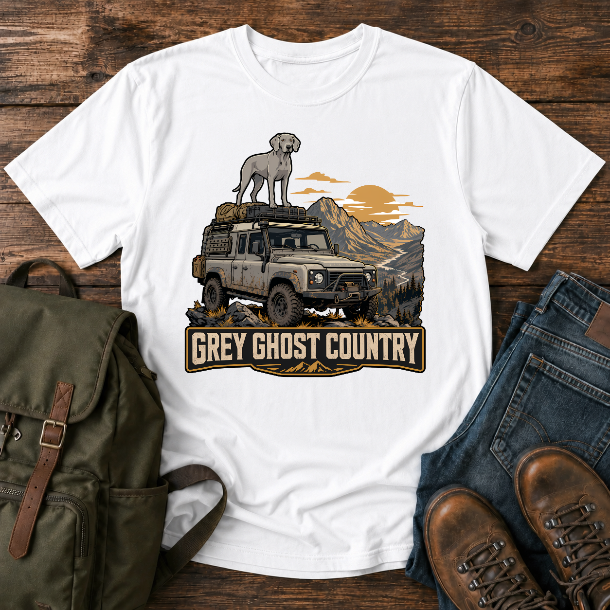 Vintage Weimaraner roof rack dusty overlanding 4x4 mountain ridgeline grey ghost dawn adventure t-shirt design