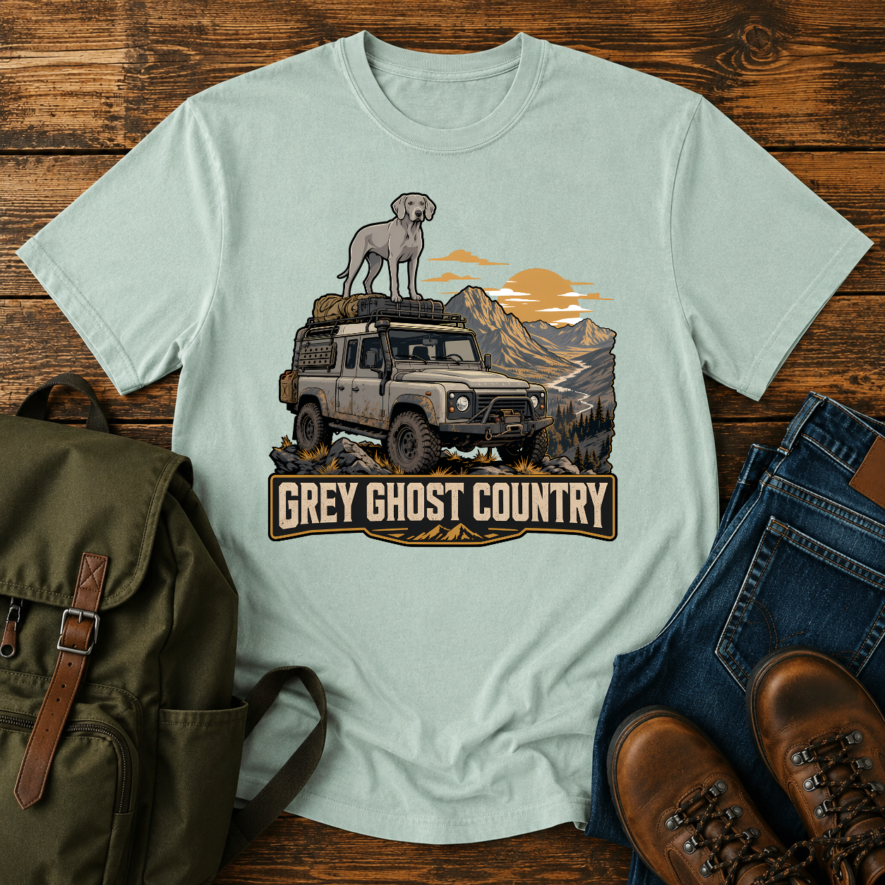 Vintage Weimaraner roof rack dusty overlanding 4x4 mountain ridgeline grey ghost dawn adventure t-shirt design