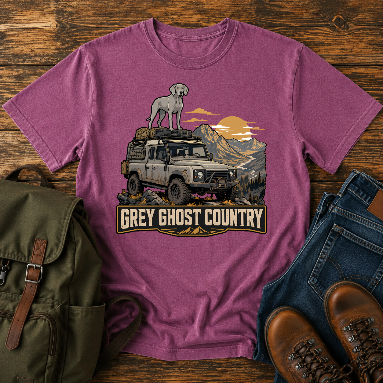 Vintage Weimaraner roof rack dusty overlanding 4x4 mountain ridgeline grey ghost dawn adventure t-shirt design
