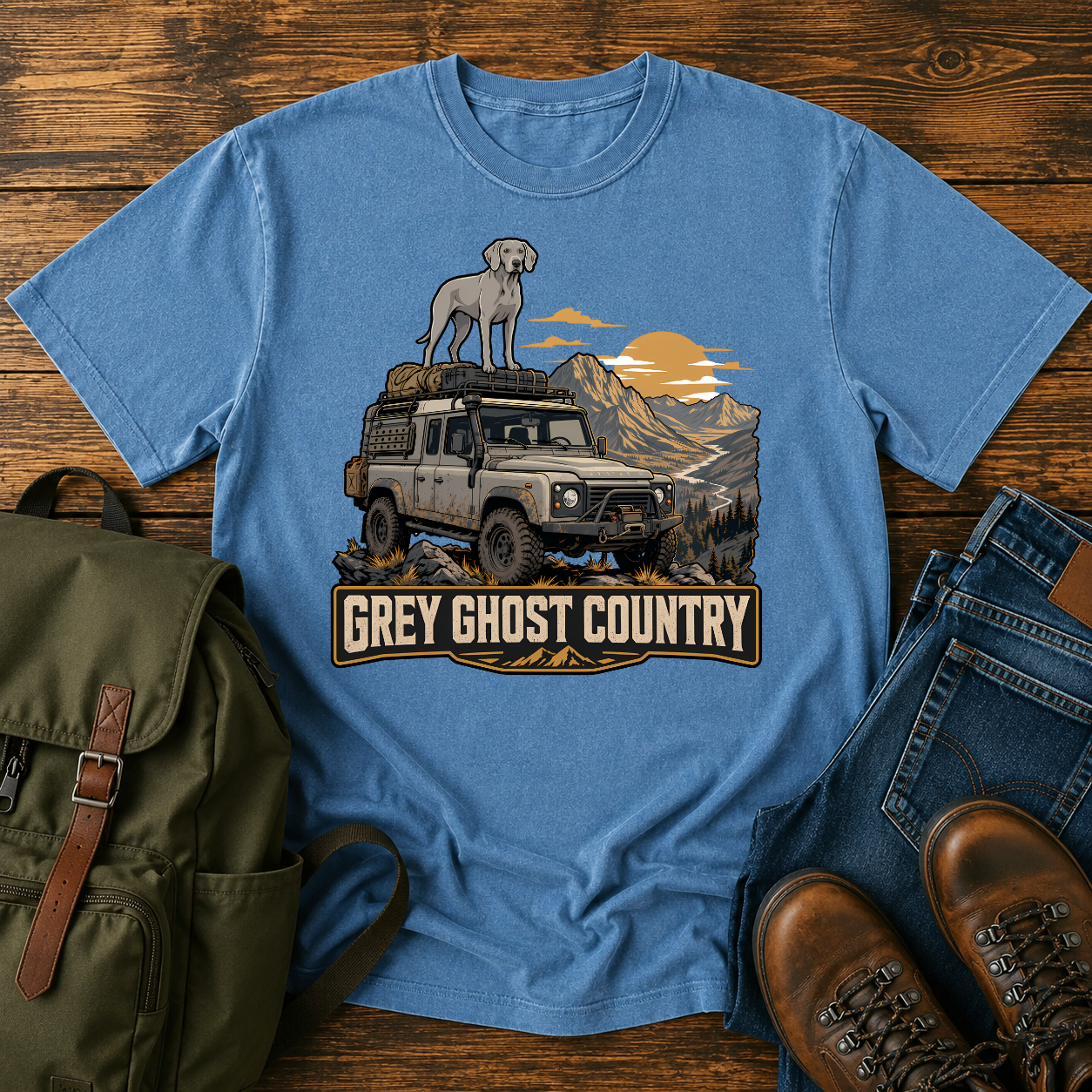 Vintage Weimaraner roof rack dusty overlanding 4x4 mountain ridgeline grey ghost dawn adventure t-shirt design