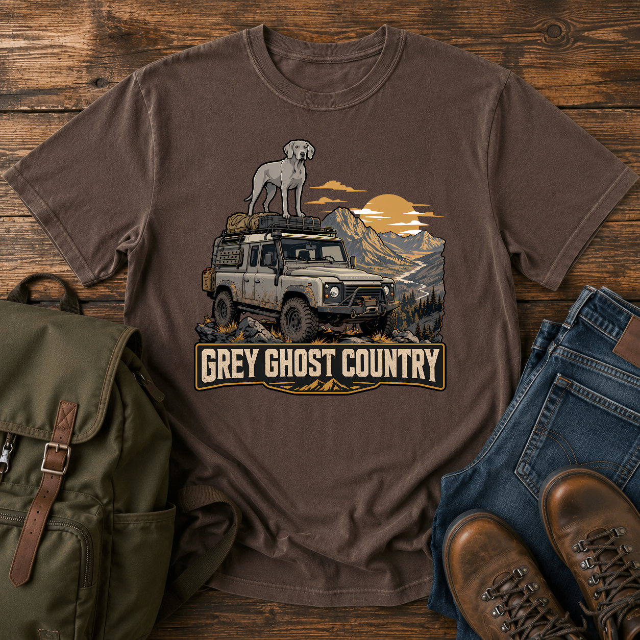 Vintage Weimaraner roof rack dusty overlanding 4x4 mountain ridgeline grey ghost dawn adventure t-shirt design