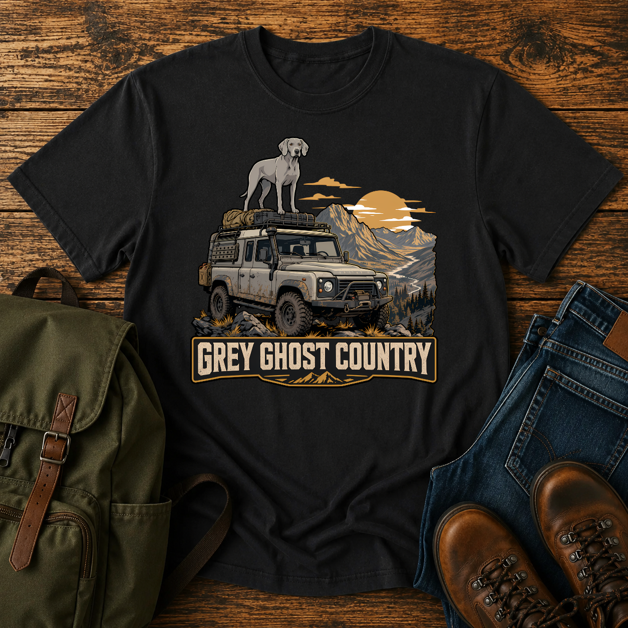 Vintage Weimaraner roof rack dusty overlanding 4x4 mountain ridgeline grey ghost dawn adventure t-shirt design