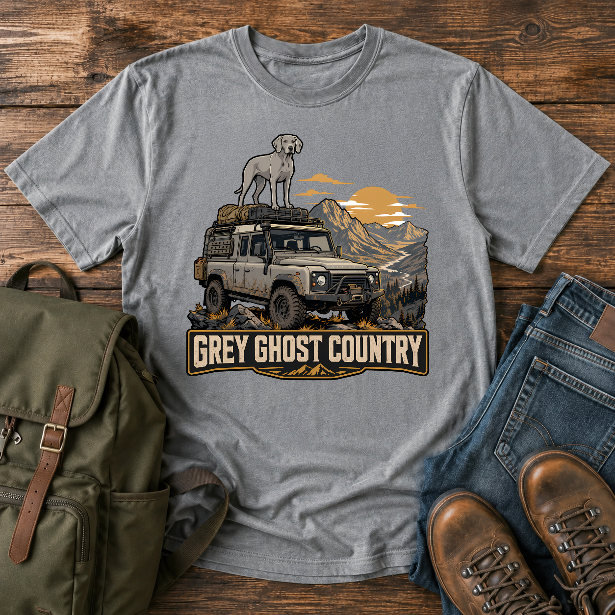 Vintage Weimaraner roof rack dusty overlanding 4x4 mountain ridgeline grey ghost dawn adventure t-shirt design