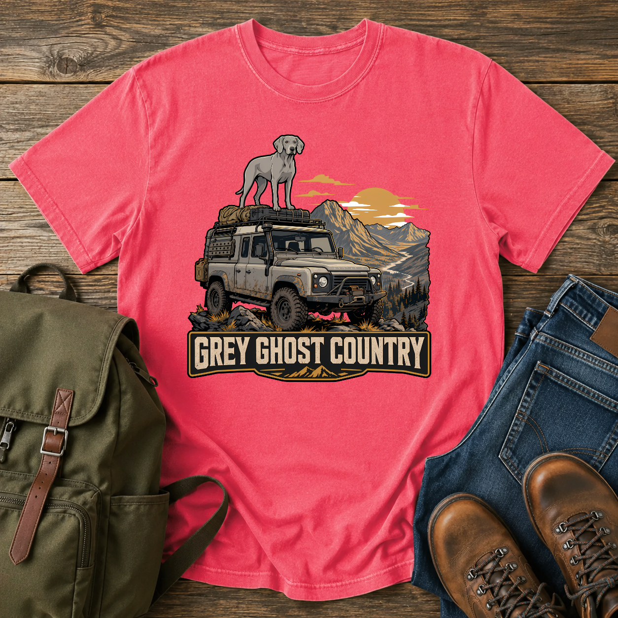 Vintage Weimaraner roof rack dusty overlanding 4x4 mountain ridgeline grey ghost dawn adventure t-shirt design