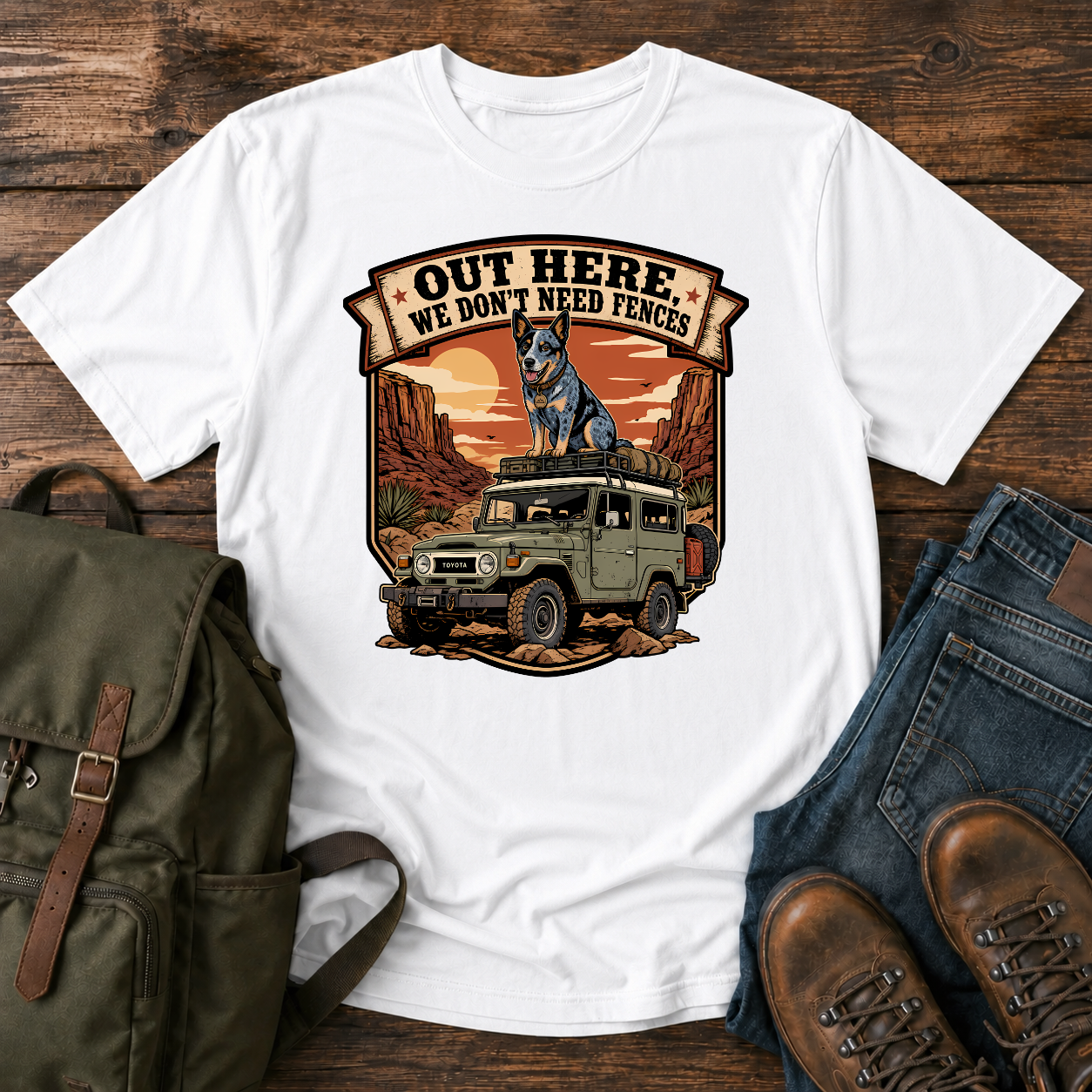 Blue Heeler off-grid shirt with cattle dog on desert 4x4 roof rack.