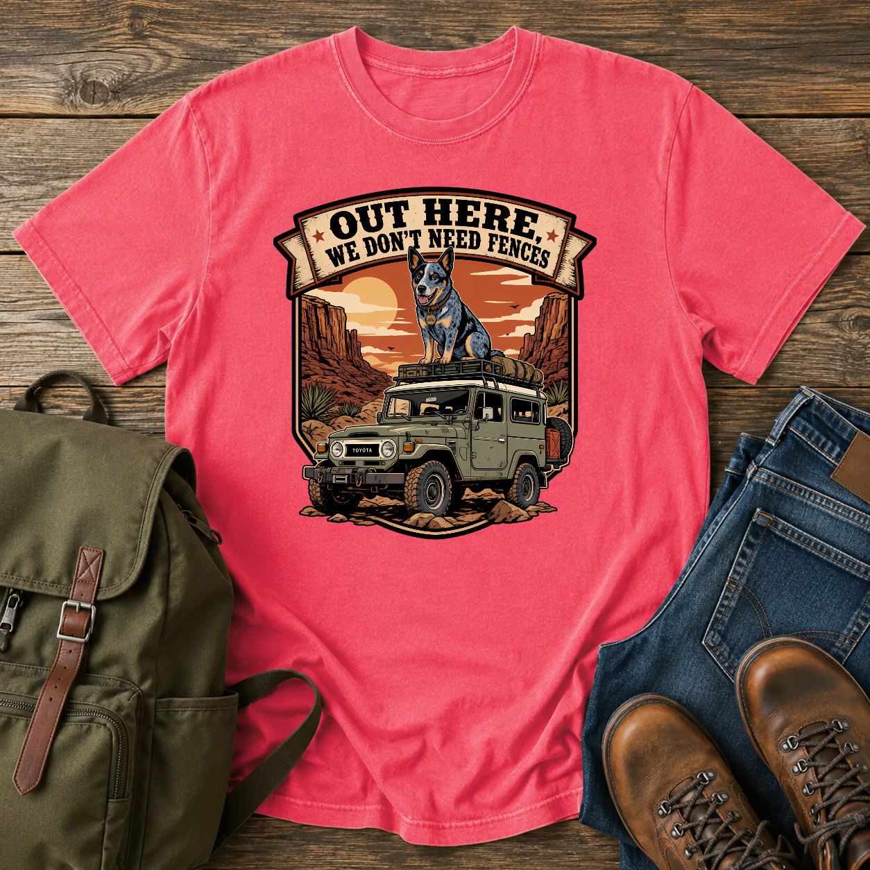 Blue Heeler off-grid shirt with cattle dog on desert 4x4 roof rack.