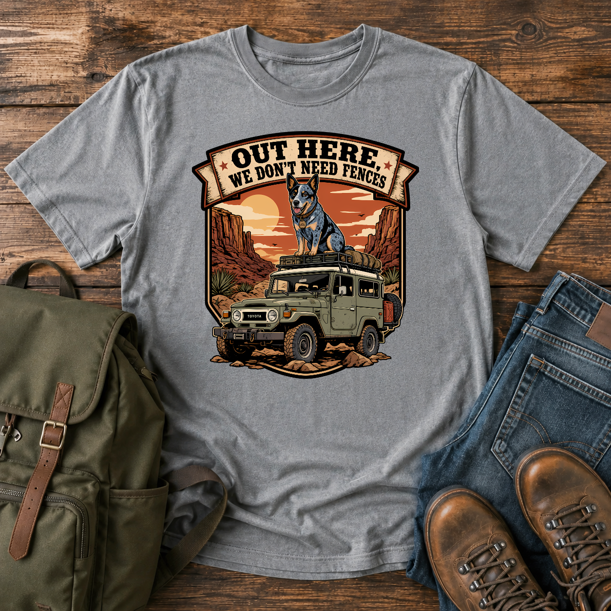 Blue Heeler off-grid shirt with cattle dog on desert 4x4 roof rack.