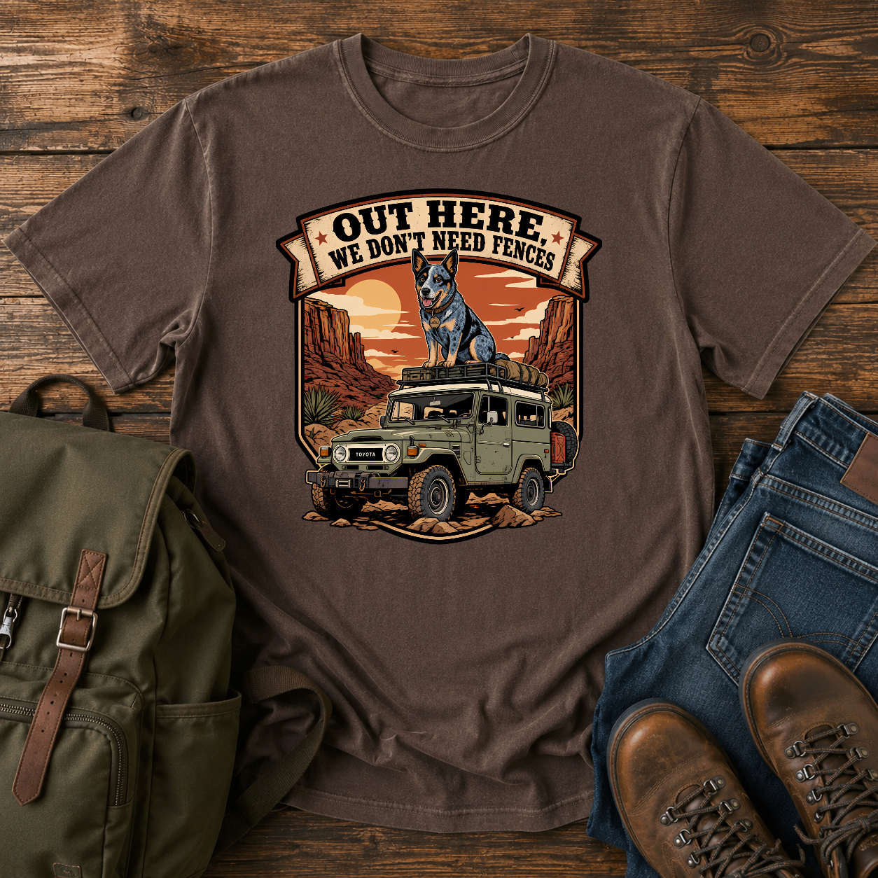 Blue Heeler off-grid shirt with cattle dog on desert 4x4 roof rack.