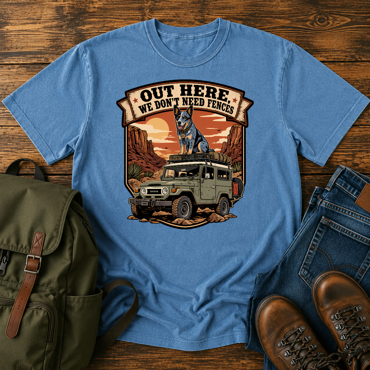 Blue Heeler off-grid shirt with cattle dog on desert 4x4 roof rack.
