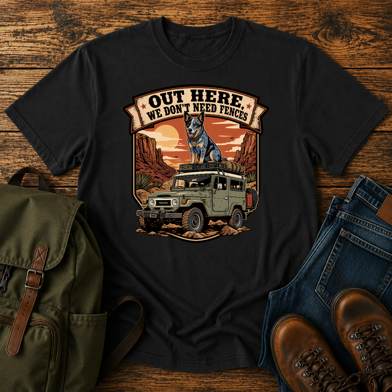 Blue Heeler off-grid shirt with cattle dog on desert 4x4 roof rack.