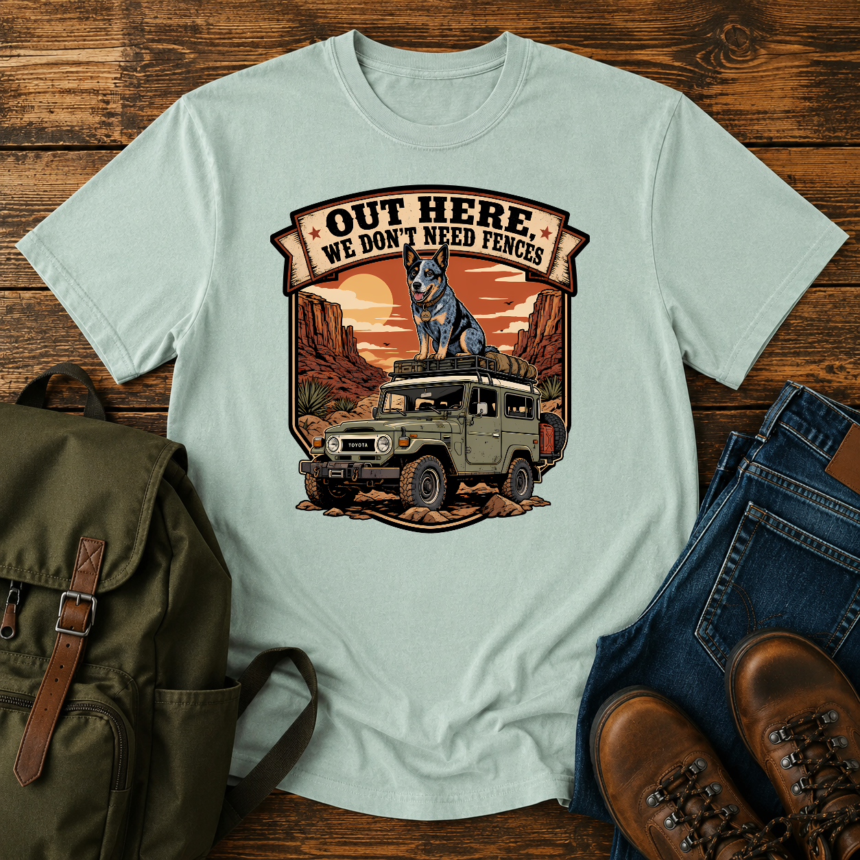 Blue Heeler off-grid shirt with cattle dog on desert 4x4 roof rack.
