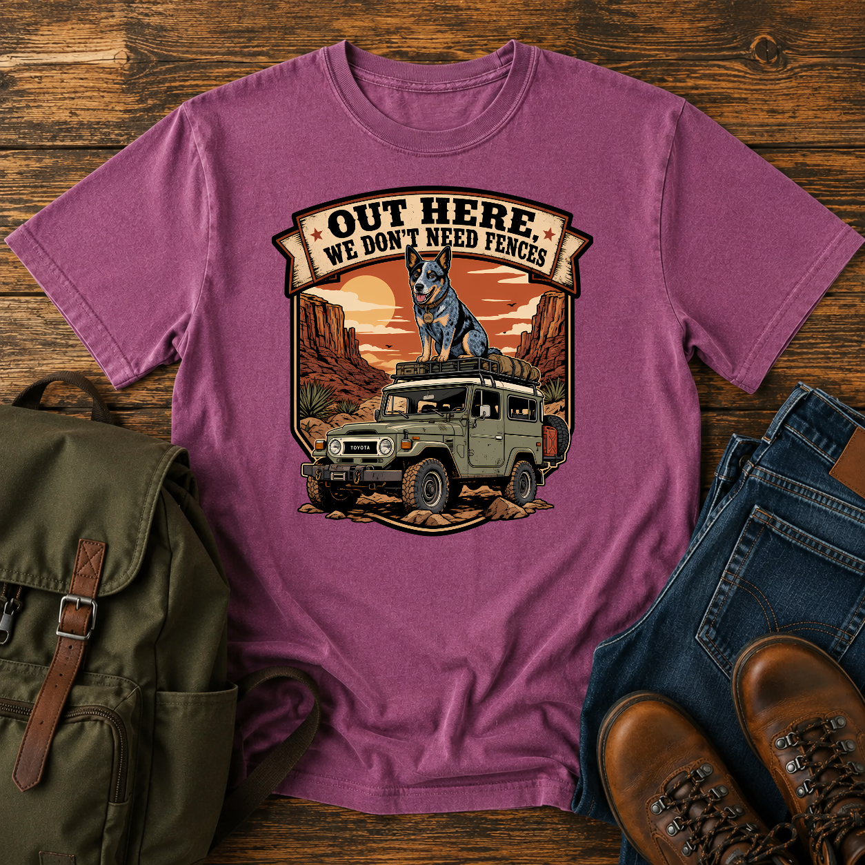 Blue Heeler off-grid shirt with cattle dog on desert 4x4 roof rack.