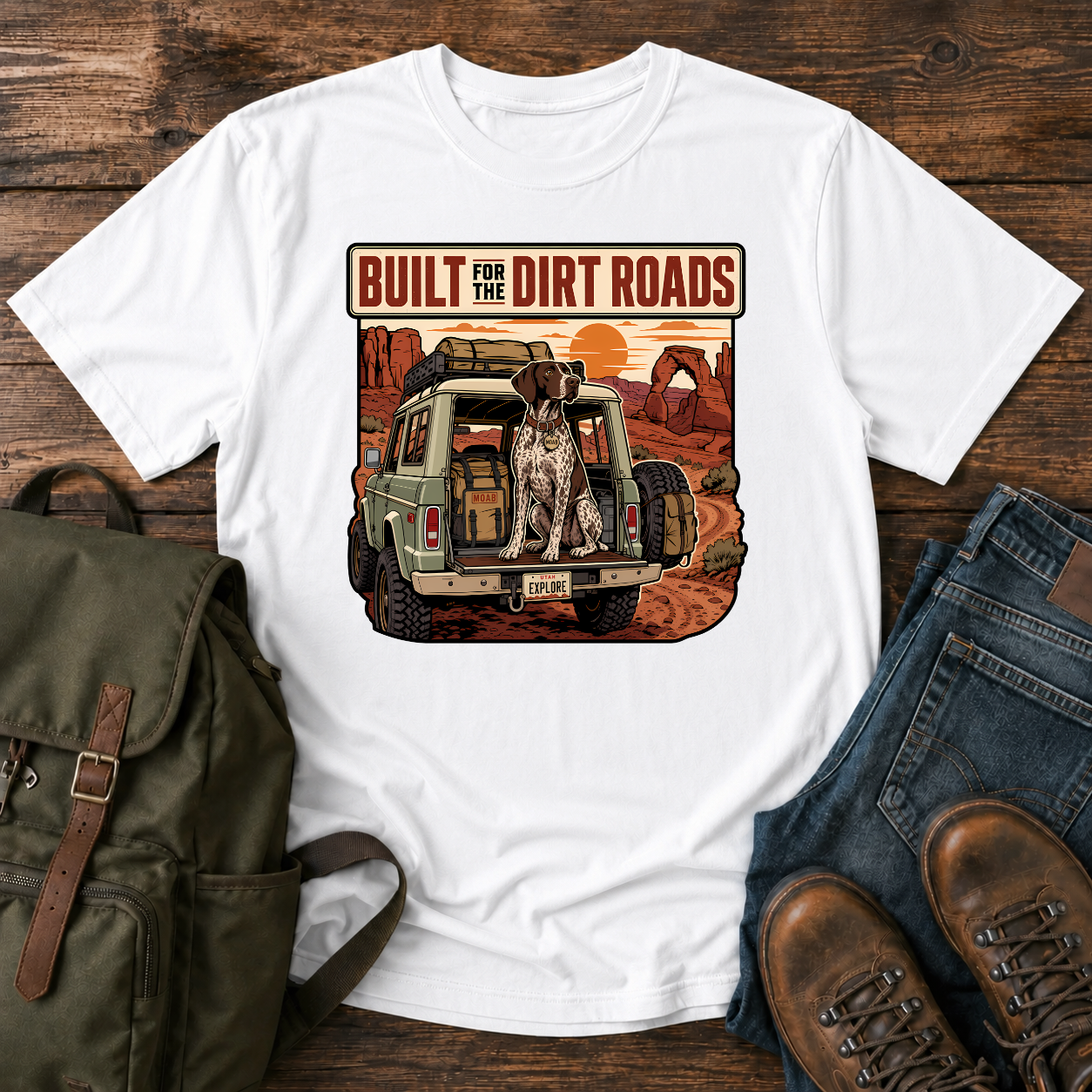 German Shorthaired Pointer overlanding shirt with GSP in 4x4 canyon scene.