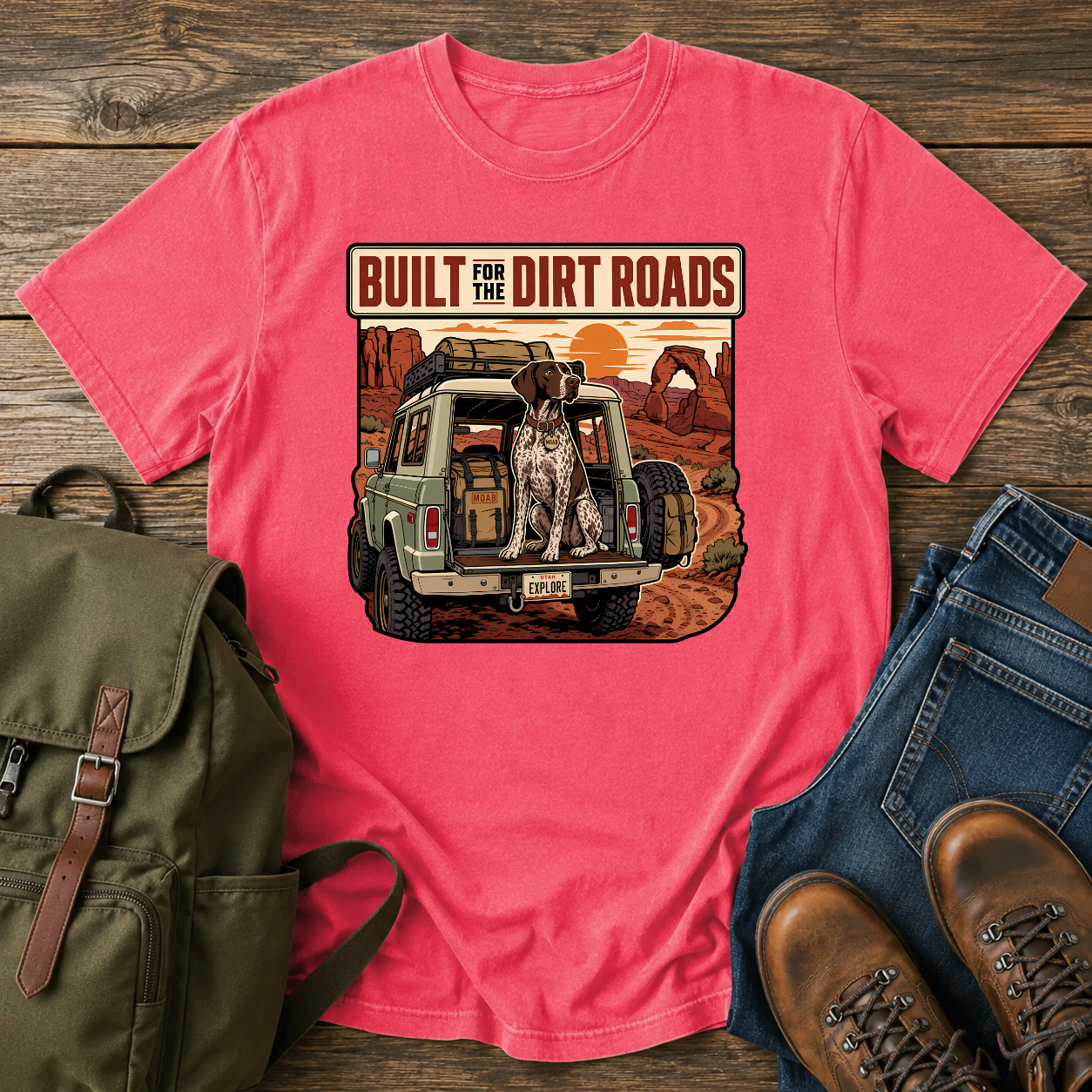 German Shorthaired Pointer overlanding shirt with GSP in 4x4 canyon scene.