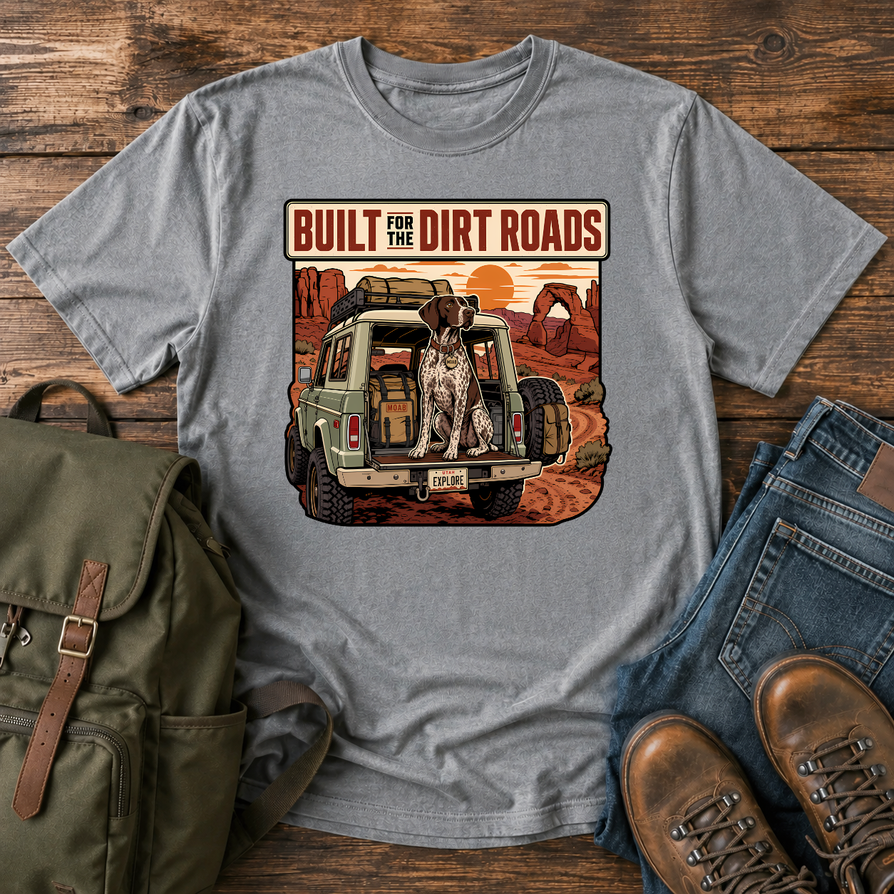 German Shorthaired Pointer overlanding shirt with GSP in 4x4 canyon scene.
