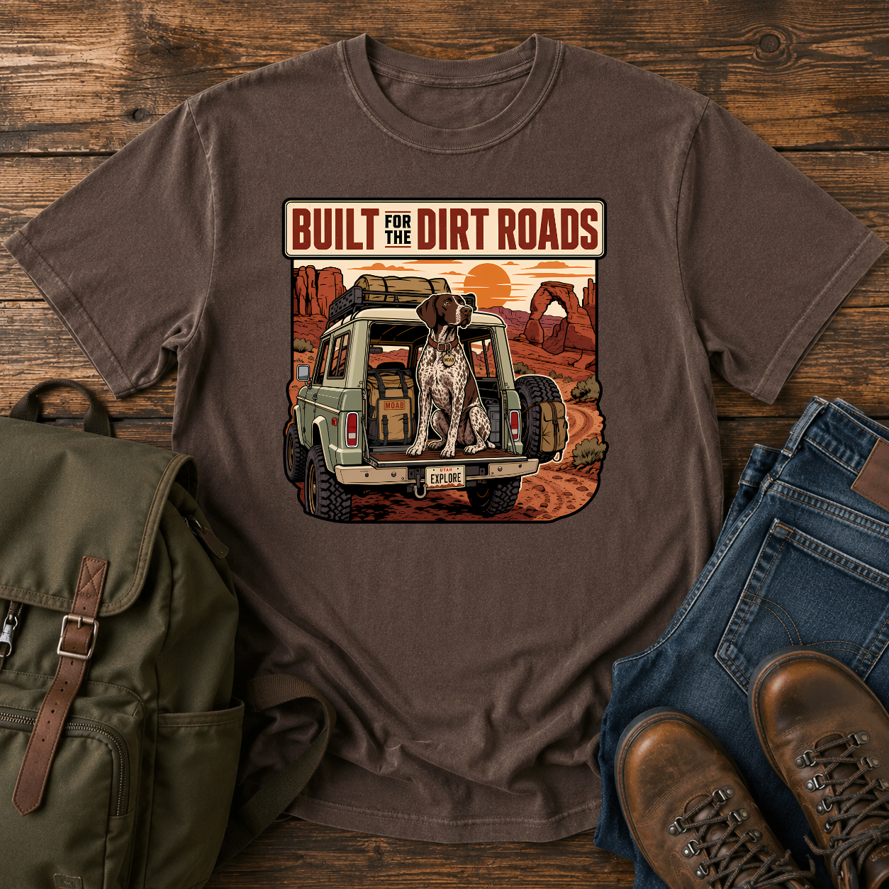 German Shorthaired Pointer overlanding shirt with GSP in 4x4 canyon scene.
